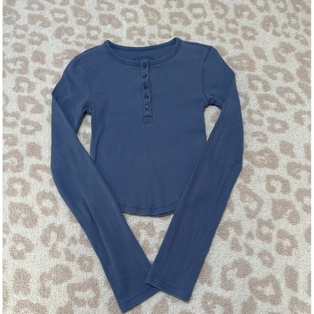 BDG‎ Henley Top Size S Blue Long Sleeve Ribbed Knit Curved Hem Urban Outfitters